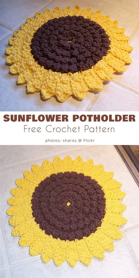 Sunflower Potholder, Crochet Cushion Covers, Crochet Pot Holders Free Pattern, Crochet Potholder Patterns, Crochet Hot Pads, Crochet Cushion, Crochet Chicken, Crochet Cushion Cover, Dishcloth Knitting Patterns