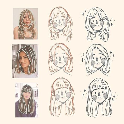 Illustration Reference Photos, How To Draw Hair Cartoon Style, Drawing In Different Styles Challenge, Hairstyles For Very Straight Hair, Character Drawing Styles, How To Draw Cute Characters, Straight Hair Reference Drawing, How To Draw Straight Hair, Children Drawing Reference