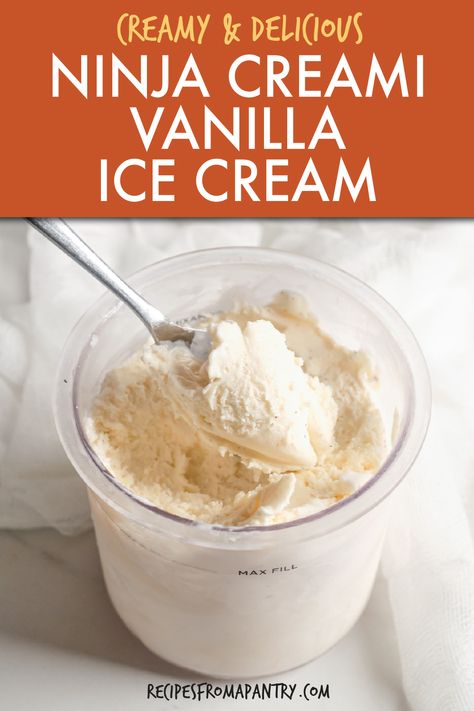 With this Ninja Creami Vanilla Ice Cream Recipe, you can make flavorful, creamy, and utterly delicious vanilla ice cream at home! All that's needed are 5 simple ingredients and the Ninja Creami machine to whip up indulgent, delectable homemade vanilla ice cream whenever the mood strikes. Plus, this vanilla ice cream Ninja Creami recipe is easy to customize by adding mix-ins and flavorings. Click through to get this awesome Ninja Creami Vanilla Ice Cream Recipe!! #ninjacreami #vanillaicecream Ninja Creami Ice Cream Recipes Without Cream Cheese, Ninja Creami Ice Cream Recipes Fairlife, Ninja Cream Recipe, Ninja Creami Vanilla Ice Cream, Creami Ninja Recipe, Ninja Creami Recipe, Ninja Creamy, Ninja Ice Cream Recipe, Best Vanilla Ice Cream