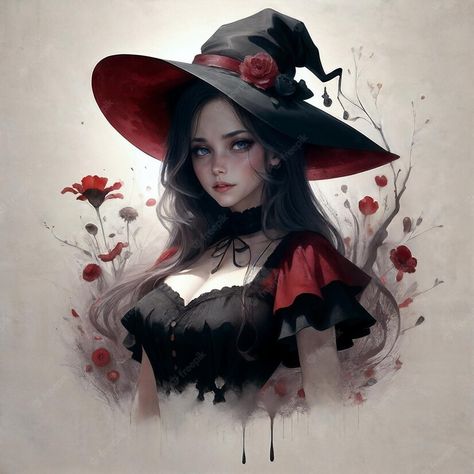 Witch Hat Reference, Black And Red Witch Aesthetic, Witch Hat Drawing Reference, Big Witch Hat, Witch Hat Art Reference, Witch Anime, Hat Illustration, Black Witch Art, Beautiful Witch Art