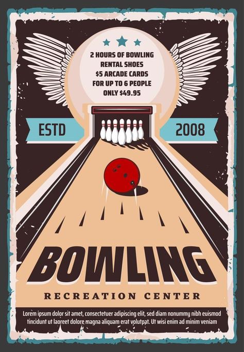 Bowling recreation center, shoes and lane rental Bowling Poster, Entertainment Illustration, Club Games, Bowling Center, Poster Sport, Irish Houses, Grunge Posters, Clay Bead Necklace, Bowling Shoes