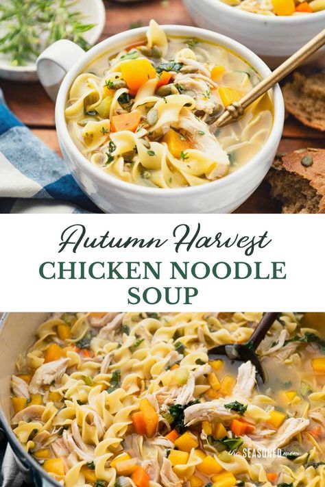 Celebrate the autumn harvest with a fall-inspired chicken noodle soup! This easy pot includes butternut squash, herbs, and fresh greens for a cozy, seasonal supper in less than 1 hour. Autumn Chicken Soup, Chicken Harvest Soup, Healthy Fall Soups, Autumn Soup, Soup Dishes, Chicken Soups, Homemade Egg Noodles, Chicken Noodle Soup Easy, The Seasoned Mom