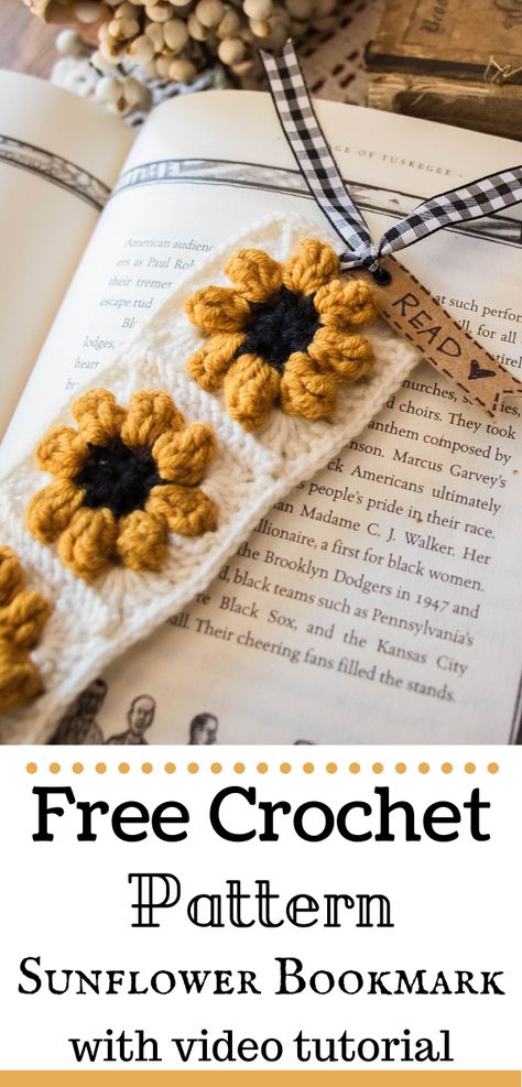 Crochet a sweet sunflower bookmark for a friend or make one for yourself. Get your free pattern and check out the full tutorial! #crochet #freecrochetpattern #grannysquare Bookmarks Handmade Crochet, Free Sunflower Crochet Pattern, 1 Skein Crochet Projects, Crochet Sunflower Pattern Free, Bookish Crochet, Crochet Sunflower Bookmark, Sunflower Crochet Bookmark Pattern, Crochet Bookmark Tutorial, Bee Crochet Bookmark