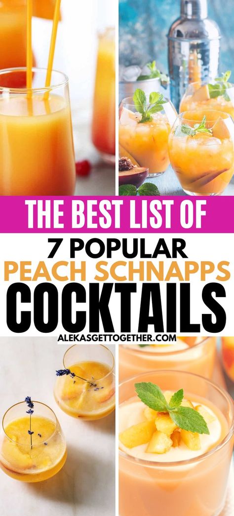 Peach schnapps is always a liquor cabinet staple in our house. The cocktail combinations are endless! If you're looking for a clear fruity, sweet liqueur, this is definitely a good one! Check out this list of tasty peach schnapps cocktails you'll want to serve at your next cocktail party! 99 Peaches Drink Recipes, Peach Schnapps Margarita, Ever Clear Drinks, Peach Drink Recipes Alcoholic, Cocktail Recipes With Peach Schnapps, Drinks Made With Peach Schnapps, Peach Cocktail Recipe Vodka, Peach Liquor Drinks, Peach Snapps Cocktails