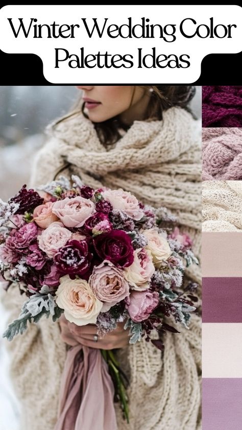 Elegant winter wedding color palette ideas featuring cozy mauve, berry, and seasonal hues for a January celebration. Wedding Color Schemes For February, Berry Tones Wedding, Black Winter Wedding Color Palettes, Unique Winter Wedding Colors, Light Pink Winter Wedding, Winter Wedding Color Palette Purple, Winter Wedding Inspo Color Palettes, Winter Wedding Ideas February, Purple Winter Wedding Ideas