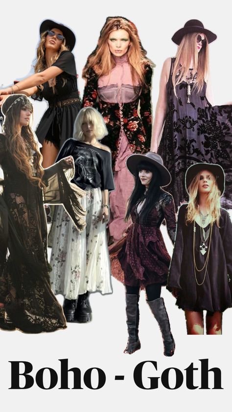 Boho goth style inspiration for women Witchy Boots Outfit, Boho Fantasy Outfit, Goth Boho Aesthetic, Dark 70s Style, Boho Goth Style, Folk Rock Aesthetic Outfit, Bohemian Goth Aesthetic, Celestial Goth Outfit, Download Festival Outfit Ideas