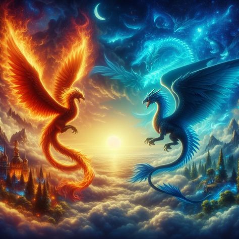 Blue And Red Dragon Avatar, Blue Fire Fantasy Art, Ice Pheonix Drawing, Dragon Phoenix Art, Sky Dragon Art, Elemental Animals Fantasy Art, Fire And Water Dragon, Dragon And Phoenix Art, Blue Phoenix Bird