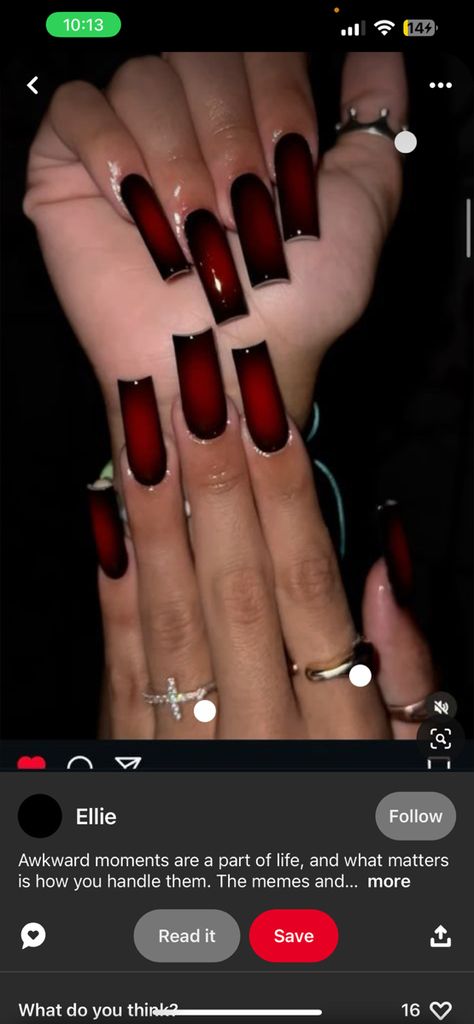 Black French Tip Nails With Red Gems, Red With Black French Tips, Black With Red Underneath Nails, Red French Tip Nails Halloween, Black And Red Nails With Rhinestones, Red Nails With Black French Tip, Red And Black Acrylics, Red And Black French Tip Nails, Black And Red French Tip Nails