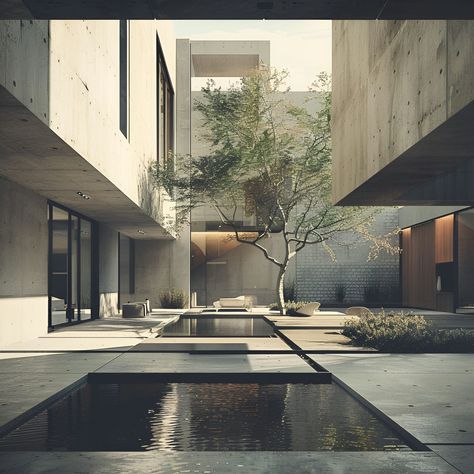 Explore this modern courtyard oasis, featuring minimalist architecture with concrete walls and serene water features. The design centers around a majestic tree, creating a tranquil urban escape. Perfect for architectural enthusiasts, this high-quality rendering captures the essence of contemporary design, emphasizing natural light and clean lines. Ideal for those seeking inspiration in urban courtyard settings. Indoor Courtyard Design, Courtyard Architecture Concept, Minimalist Courtyard, House With Inner Courtyard, Courtyard Stairs Architecture, Modern Courtyard Design, Inner Courtyard Architecture, Home With Inner Courtyard, Hotel Courtyard Landscape