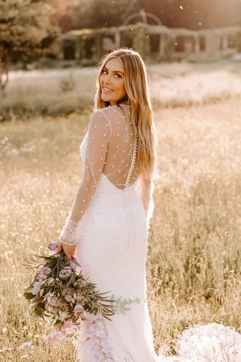 Sheer Pearl Overlay for Bride in Low Back Wedding Dress Bridesmaids In White, Lilac Wedding Flowers, Pearl Wedding Accessories, Princess Bride Dress, Standing In A Field, Couture Bridesmaid Dresses, Low Back Wedding Dress, Bride Dress Lace, Pearl Wedding Dress