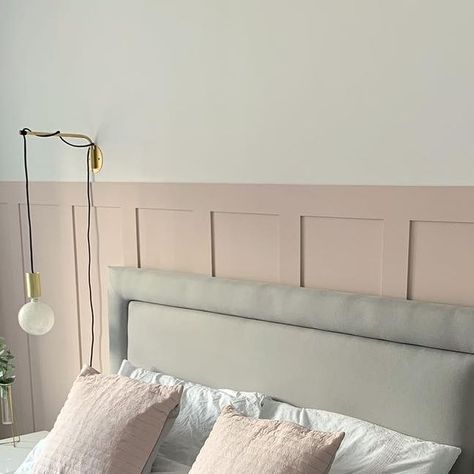 Steph on Instagram: "Behold - the bedroom of dusky pink dreams. I literally cannot believe the difference the panelling has made to our bedroom. And this room NEEDED something bold! It was so plain and felt empty beforehand, not the way a master bedroom should feel. This little project took barely no time at all, and in all cost us around £55, so I’m overjoyed that we decided to go DIY with it (see DIY Panelling highlight for some progress snaps). Is it bedtime yet? 😍 • #newbuildpanelling #diyp Plain Wall Makeover, Pink And White Panelling, Blush Pink Panelling Bedroom, Blush Pink Panelling, Dusty Pink Panelling Bedroom, Dusty Pink Wall Panelling, Bedroom Panelling Pink, Pink Panelled Bedroom, Girls Bedroom Ideas Panelling