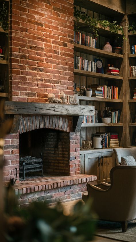 29+ Painted Brick Fireplaces That Add Classic Farmhouse Coziness - My Modern Cave Brick Fireplace With Seating Ledge, Wide Brick Fireplace, Brick And Wood Fireplace, Red Brick Fireplace Ideas, Farmhouse Brick Fireplace, Fireplace Brick Wall, Red Brick Fireplace Makeover, Brick Fireplace Living Room, Rustic Brick Fireplace