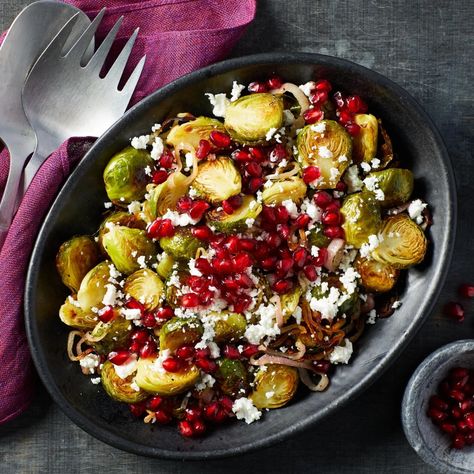 This gorgeous warm salad with nutty roasted Brussels sprouts, sweet-tart pomegranate seeds and creamy goat cheese is perfect for any winter meal--from a weeknight dinner to Christmas dinner or any other holiday celebration. The recipe is easily doubled if you are entertaining a crowd: just be sure to spread the sprouts out (use 2 pans if necessary) so they roast instead of steaming. Goat Cheese Pomegranate, Maple Pecans, Brussel Sprout Recipes Roasted, Pomegranate Recipes, Autumn Side Dishes, Butternut Squash Salad, Roasted Brussels Sprouts, Sprouts With Bacon, Sprout Recipes