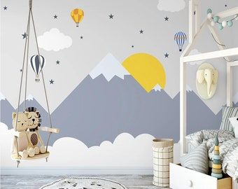 Mountain Clouds, Kindergarten Wallpaper, Kids Room Murals, Murals For Kids, Snowy Mountain, Mountain Wallpaper, Balloon Wall, Painted Wall, Star Wallpaper