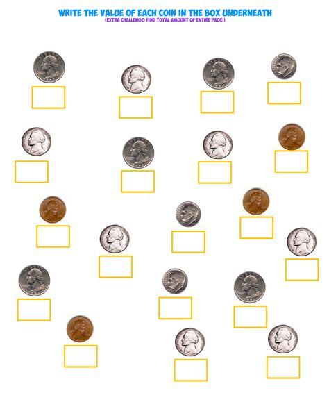 Challenge your students to write the coin values in the boxes below the coins! (Free Worksheet!) Coins Worksheet, Coin Worksheets, Values Worksheet, Value Worksheet, Identifying Coins, Math Maze, Free Math Worksheets, Coin Values, Free Math