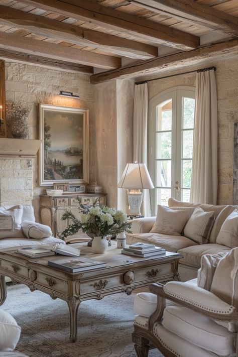 15 French Country Living Room Ideas That Will Make You Say “Ooh La La!” - DreamyHomeStyle French Country House Living Room, French Chateau Living Room, Traditional Southern Living Room, Rustic French Country Living Room, French Country Living Room Furniture, French Country House Interior, French Country Living Room Ideas, French Country Patio, French Country Family Room