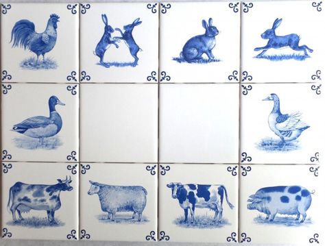 Farm+Animals+Delft+Design+set+of+10+Ceramic+Tile+Blue+4.25"+x+4.25+Kiln+fired Delft Design, Bull Running, Ox Tail, Running Rabbit, Backyard Cabin, Shower Backsplash, Dutch Tiles, Blue Cow, Delft Tiles