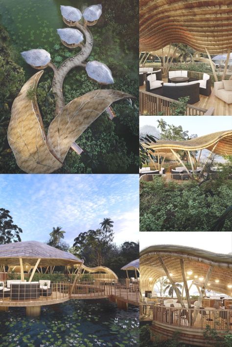 Bamboo Yoga Shala, Yoga Pavilion Design, Jungle Airbnb, Eco Architecture Concept, Eco Resort Architecture, Nature Restaurant, Forest Restaurant, Bio Architecture, Yoga Deck