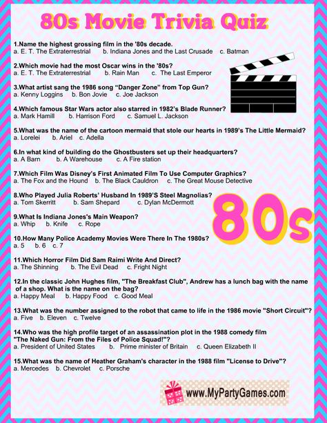 Free Printable 80s Movie Trivia Quiz with Answer Key 80s Trivia Printable, 80s Trivia Questions, Trivia Answer Sheets Free Printable, 80s Trivia With Answers, Movie Quiz Questions And Answers, Trivia Night Theme Ideas, Summer Trivia Questions And Answers, Trivia Questions And Answers For Adults, 80s Music Trivia