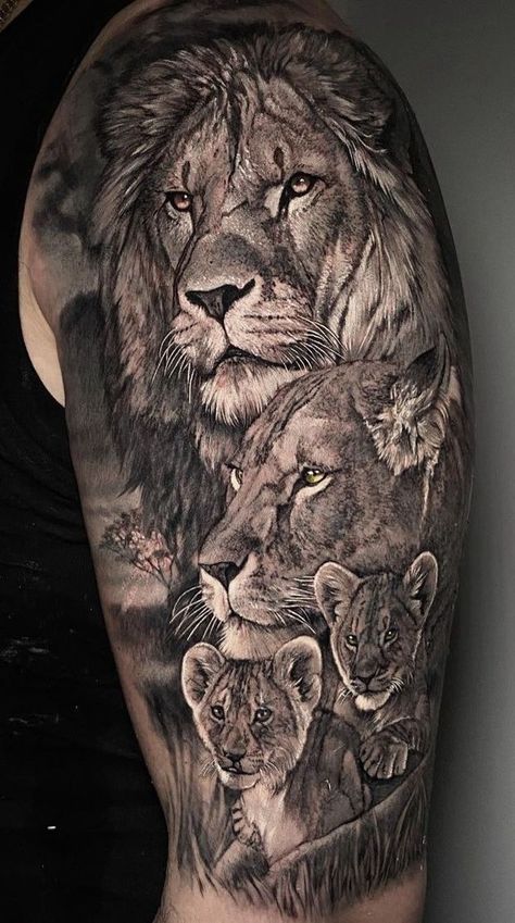 50 Eye-Catching Lion Tattoos That’ll Make You Want To Get Inked in 2022 | Lion tattoo, Family tattoo designs, Lion tattoo design Family Sleeve Tattoo, African Sleeve Tattoo, Lion Arm Tattoo, Hai Tattoo, Lion Shoulder Tattoo, Tato Maori, Lion Forearm Tattoos, Family Tattoos For Men, Lion Art Tattoo