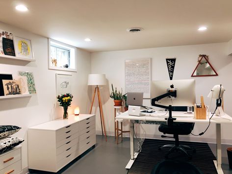 Ikea Basement Office, Ikea Furniture Office, Ikea Corner Desk Hack Home Offices, Office Corner In Basement, Ikea Office Desks, Basement Office And Guest Room, Basement Office Gym Combo, Bright Basement Office, Basement Office Guest Room Combo