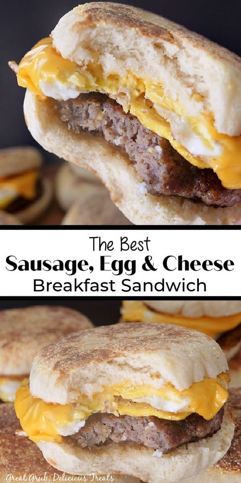 Homemade Breakfast Sandwiches are a delicious breakfast recipe, made with homemade English muffins, sausage patties, fried eggs, and a slice of cheese. A double photo collage of breakfast sandwiches where you can see the English muffin, sausage patty, egg, and melted sliced cheese. Egg And Sausage English Muffins, Homemade Sausage Egg And Cheese Biscuit, Diy Sausage Egg Mcmuffin, Sausage Egg Cheese Sandwich, Sausage Egg And Cheese English Muffins Freezer, Egg Sausage Biscuits, English Muffin Sausage And Cheese, Sausage Biscuit Sandwich, Sausage Egg Cheese English Muffins