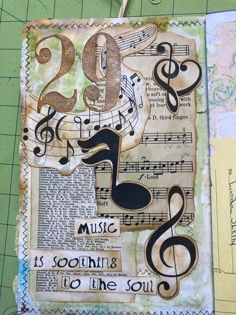 #junkjournaljanuary #junkjournaljanuary2023 Get Messy Art MegJournals Not every page you create has to be a time consuming event. I have taken 2 pieces of paper for my collage and some clip art musical notes and adhered them to my page. I added a title also with the help of my computer. Then I used a cute paper clip to attach my journal card to the top of the page and we are done. Thanks for looking, have a great day. Hugs!!! Link to the process video: https://youtu.be/HkKKroOAGew For more in Journal Day Ideas, Computer Notes Ideas, Music Project Cover Page Ideas, Art On Sheet Music, Art Sketchbook Titles, Music Art Journal, Art Title Page Ideas, Music Scrapbook Ideas, Title Page Art