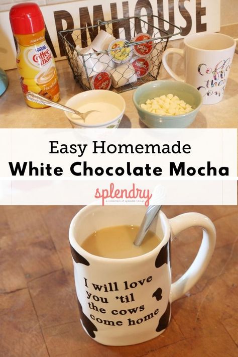 This delicious white chocolate mocha recipe is so simple to make, using your favorite coffee, milk or creamer and white chocolate chips! Skip Starbucks tomorrow and try making your own! #coffee #starbuckscopycat #mocha #drinkrecipe Mocha Coffee Creamer Recipe, Mocha Creamer Recipe, White Chocolate Mocha Recipe, Mocha Creamer, Homemade Coffee Creamer, Coffee Creamer Recipe, Mocha Recipe, Creamer Recipe, White Chocolate Mocha