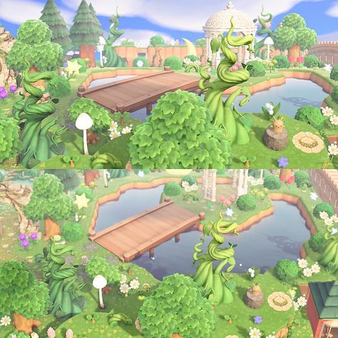 Acnh Water Feature, Acnh Neighborhood Designs Fairycore, Acnh Fairy Entrance, Acnh Center Piece, Acnh Fairycore Beach, Acnh Nook Cranny Ideas Fairycore, Acnh Spiral Pond, Acnh Fairycore Island Entrance, Glowing Moss Pond Acnh