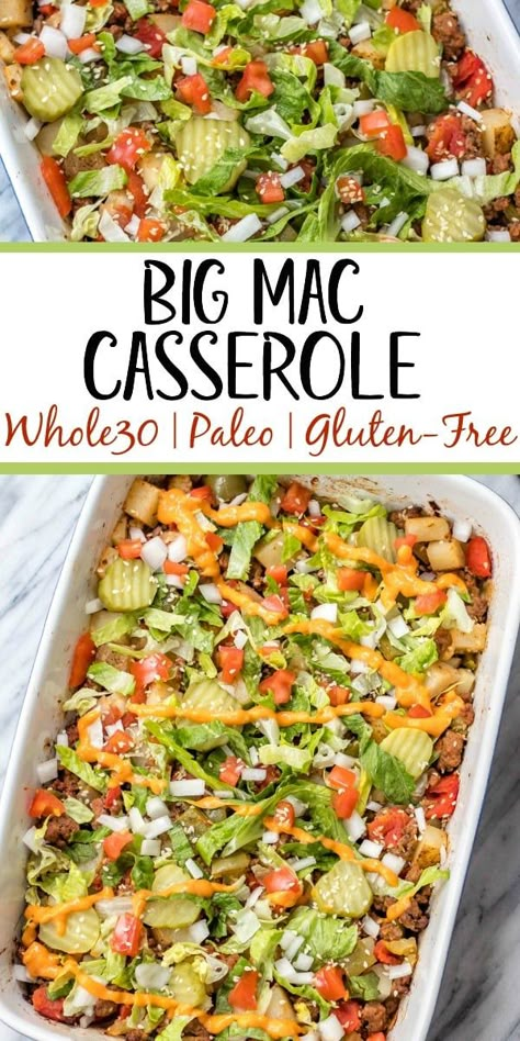 This is a delicious and easy Whole30 ground beef casserole recipe that is a healthy take on a big mac! The classic flavors you know and love, all baked together in a paleo, gluten free Big Mac casserole that's loaded with veggies. It's great for a family friendly weeknight meal, or for meal prep lunches for the week. #whole30casserole #whole30groundbeef #whole30dinnerrecipes #paleogroundbeef #glutenfree Gluten Free Big Mac, Whole30 Ground Beef, Big Mac Casserole, Lunches For The Week, Meal Prep Lunches, Ground Beef Casserole Recipes, Whole30 Dinner Recipes, Whole30 Dinners, Ground Beef Casserole