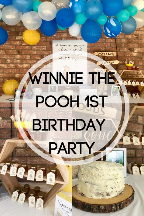 Adorable, simple, classic Winnie the Pooh themed Birthday Party Winnie Pooh 1st Birthday Party, Winnie The Pooh Themed First Birthday, Winnie The Pooh Party Decorations Diy, Pooh Bear 1st Birthday, Winnie The Pooh 1 Year Birthday, Winnie The Pooh Party Theme, Pooh Bear Themed Birthday Party, Winnie The Pooh First Birthday Ideas, Classic Winnie The Pooh Party