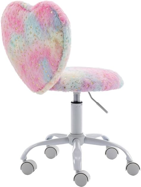 chairus Faux Fur Desk Chair for Teenagers Height Adjustable Study Swivel Chair Armless Computer Chair with Heart-shaped Backrest (Colorful) : Amazon.co.uk: Home & Kitchen Girls Desk Chair, Fuzzy Chair, Study Room Kids, Activity Chair, Student Chair, Girl Desk, Kids Chair, Swivel Chair Desk, Kids Desk Chair