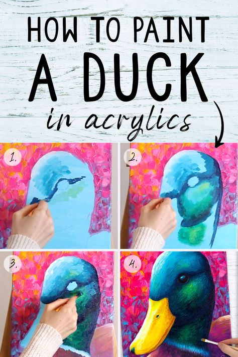 how to paint a duck in acrylics Paintings Of Ducks, Abstract Duck Painting, How To Paint A Duck, Mallard Duck Art, Painted Ducks, Colourful Animals, Duck Painting, Painting Colourful, Bird Paintings On Canvas