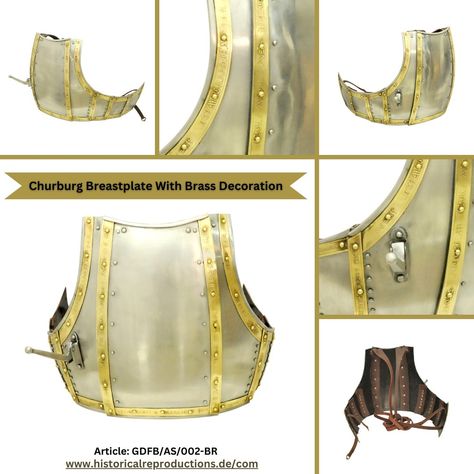 Churburg Breastplate With Brass Decoration Authentic Churburg cuirass with brass applications | for reenactment, LARP and other medieval hobbies Handcrafted from 1.6 mm steel Total weight approx. 3.3 KG Ideal for chest circumference 111 - 122 cm A quality product from Get Dressed for Battle Link in Bio - @historical_reproductions_gmbh #churburg #breastplate #brass #decoration #14thcentury #armor #historical #reproductions #medievalarmor #authentic #reenactment #collectibles #larp #cosplay #c... Armor Historical, Knight Warrior, Brass Decoration, Medieval Ages, Chur, Medieval Armor, Medieval History, Brass Decor, Living History