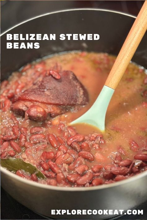 A large pot full of stewed beans.  There is a pork hock and bay leaf in the beans, as well as a blue spoon with a wooden handle resting in the pot. Belizean Rice And Beans Recipe, Stewed Beans, Rice And Beans Recipe, Carribean Food, Around The World Food, Rice And Beans, Soup Recipes Slow Cooker, Bean Stew, Hispanic Food