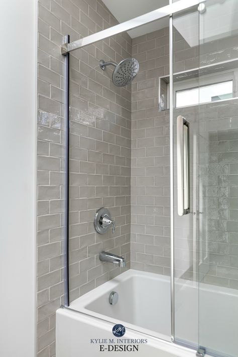 Bathroom, warm gray greige subway tile ... Glass Tile Shower Ideas, Subway Tile Ideas, Glass Subway Tile Bathroom, Brown Grout, Glass Tile Shower, Kylie M Interiors, Dark Grout, White Subway Tile Bathroom, Gray Tile Backsplash