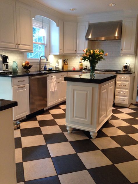 Black And White Check Floor Kitchen, Checkered Board Floor Kitchen, Vintage Floor Tile Kitchen, Kitchen Tiles Black And White, White And Black Kitchen Floor, Black And White Tiled Kitchen Floor, Black And White Victorian Kitchen, Checker Board Tiles, Kitchen Floor Tile Black And White