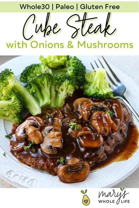 This healthy cube steak recipe is smothered with gluten free caramelized onions and mushroom gravy, and makes a quick and delicious weeknight meal! This cubed steak is hearty, flavorful, and super tender. Whole30, paleo, gluten free, and keto friendly! Healthy Cube Steak, Best Cube Steak Recipe, Healthy Cube Steak Recipes, Cube Steak Crock Pot Recipes, Beef Cube Steak Recipes, Cube Steak Recipe, Healthy Steak Recipes, Beef Cubed Steak, Cube Steak And Gravy