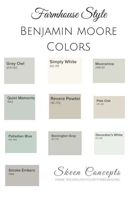 Farmhouse Style inspired paint colors from Benjamin Moore. How to add Farmhouse Style to your home.  www.skeenconcepts.com Palladian Blue, Farmhouse Paint Colors, Farmhouse Paint, Revere Pewter, Benjamin Moore Colors, Concept Home, Interior Paint Colors, Farmhouse Style House, Quiet Moments