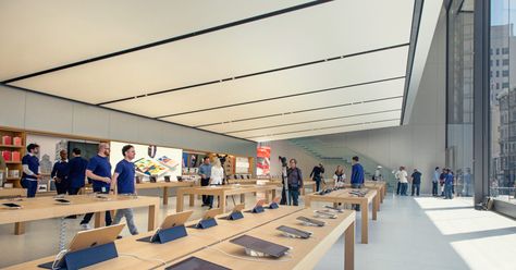 Apple New SF Store welcomes more glass and steel design. The terrazzo floors help cut down electricity costs as well and  manages temperature regulations #apple #design #retail #tech #architecture  www.doyledickersonterrrazzo.com Apple Store Design, Jony Ive, Genius Bar, Apple Shop, Terrazzo Floors, Retail Concepts, Exhibition Booth Design, Terrazzo Flooring, Apple New