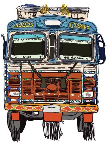 Indian truck Front Vector Indian Truck Illustration, Mela Decoration, Indian Truck Art, Paper Cutout Effect, Indian Truck, Truck Art Pakistan, Truck Illustration, Bus Drawing, Jeep Art