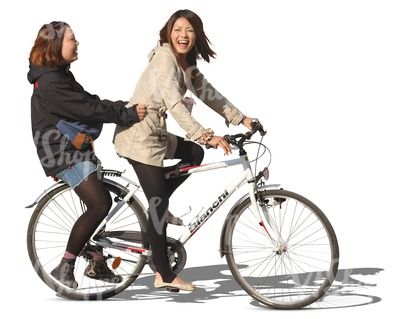 Two smiling Asian girls riding a bike. Riding A Bike Reference, Two People Riding A Bike, Riding Bike Reference, Two People On A Bike, Cat Riding A Bike, Bike Reference, Bike Meme, Render People, Cat Riding