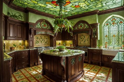 art nouveau-style (kitchen interior) with plant and worktops and refrigerator and sink and kitchen cabinets and stove and plant. . with curving, plant-like embellishments and mosaics and wallpaper pattners of spider webs and curved glass and stained glass and ashy colors and stained glass and natural materials. . cinematic photo, highly detailed, cinematic lighting, ultra-detailed, ultrarealistic, photorealism, 8k. art nouveau interior design style. masterpiece, cinematic light, ultrarealistic+, Stained Glass Window In Kitchen, Kitchen Whimsical, Window Above Kitchen Sink, Symmetrical Eyes, Art Nouveau Kitchen, Art Nouveau Interior Design, Nouveau Interior Design, Above Kitchen Sink, Vintage Pantry