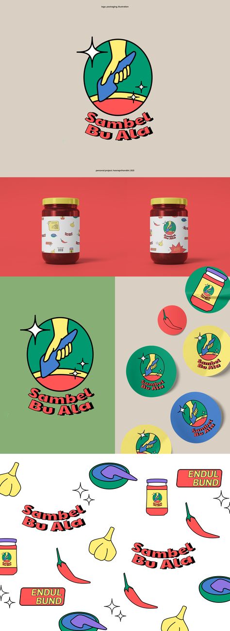 things I want to point out about the brand identity, such as homemade sambel, and "spesial sambel bawang". 

the logo illustrated "muntu" which is the traditional home tool used to mashed the chili. and to highlight the "spesial sambel bawang" it's illustrated by garlic and chili for the illustration elements.

the colors are vibrant to follow the trend and more eye-catching for teenagers and young-adult.
the slogan "endul bund" also follows the trend of slang words which means extra lit. Sambal Packaging Design, Logo Sambal Design, Sambal Packaging, Chili Logo, Chili Pasta, Packaging Illustration, Business Identity, Social Media Design Inspiration, Ibis Paint