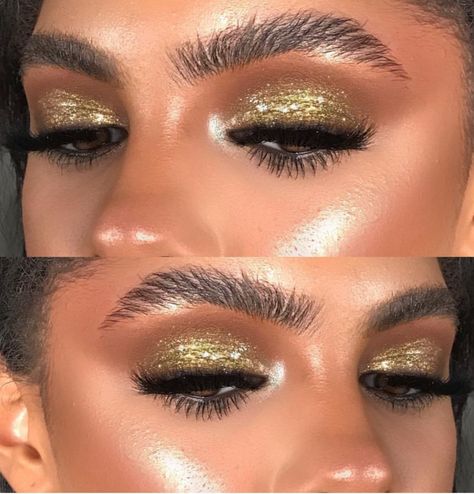 Gold Eyeshadow Gold Foil Eye Makeup, Disco Glam Makeup Gold, Gold Disco Eye Makeup, Gold Eyeshadow Looks Tutorial, 70s Makeup Disco Eye Gold, Gold And Brown Eyeshadow Looks, Gold Makeup Looks Hooded Eyes, Gold Formal Makeup Looks, Gold Disco Makeup