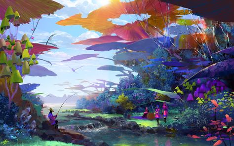 ArtStation - Fishing Trip, Allen Song Forest Concept Art, Alien Forest, Forest Concept, Fantasy Background, Landscape Concept, Alien Planet, Fantasy Forest, Pop Art Wallpaper, Alien Worlds