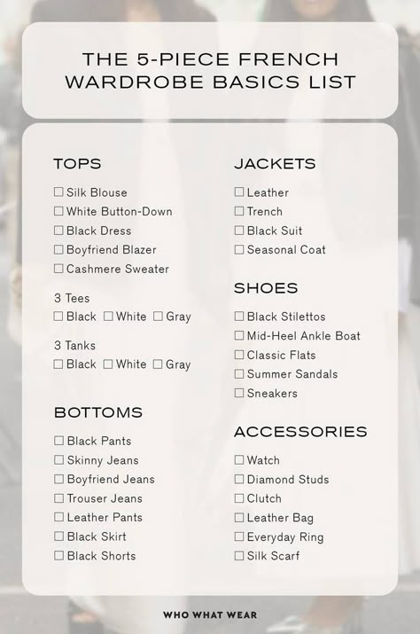 How to Build a French Capsule Wardrobe With 5 Pieces | Who What Wear Different Fashion Styles Types List, Color Season Palette, Build Capsule Wardrobe, French Chic Outfits, Fran Fine Fashion, Wardrobe Basics List, Black Capsule Wardrobe, French Minimalist Wardrobe, French Wardrobe Basics