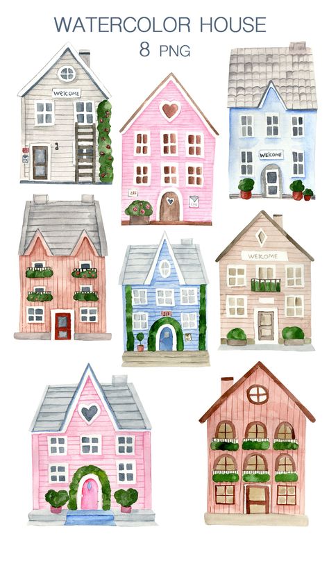 Houses Watercolor Painting, Pink House Illustration, Pink House Drawing, House Watercolor Illustration, Simple House Illustration, House Cartoon Illustrations, Casa Dibujo Aesthetic, Watercolor House Painting Simple, Doll House Drawing