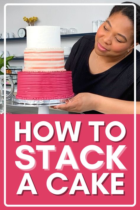 In this video, I take you step-by-step showing how to stack a 3-tier buttercream cake. Stacking a cake is easy with the correct tools and process, but doing so with buttercream can be a bit tricky. By the end of this video, you'll know how to prepare buttercream cake tiers for stacking a cake! How To Stack A 3 Tier Cake, How To Stack Cakes Tiers, How To Make A Two Tier Cake, Buttercream Cake Decorating Ideas, Stacking A Wedding Cake, Cake Decorating Beginners, Cake Stacking, 3 Tier Birthday Cake, 3 Layer Cakes