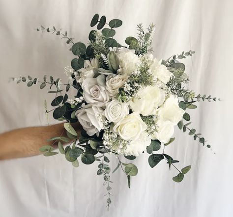 Unstructured Bridal Bouquet, White And Eucalyptus Bouquet, Wedding Bouquets Sage Green, Wedding Centerpieces White Flowers, Neutral Flowers Wedding, Wedding Bouquets White, Treehouse Wedding, Elegant Wedding Flowers, Aisle Flowers